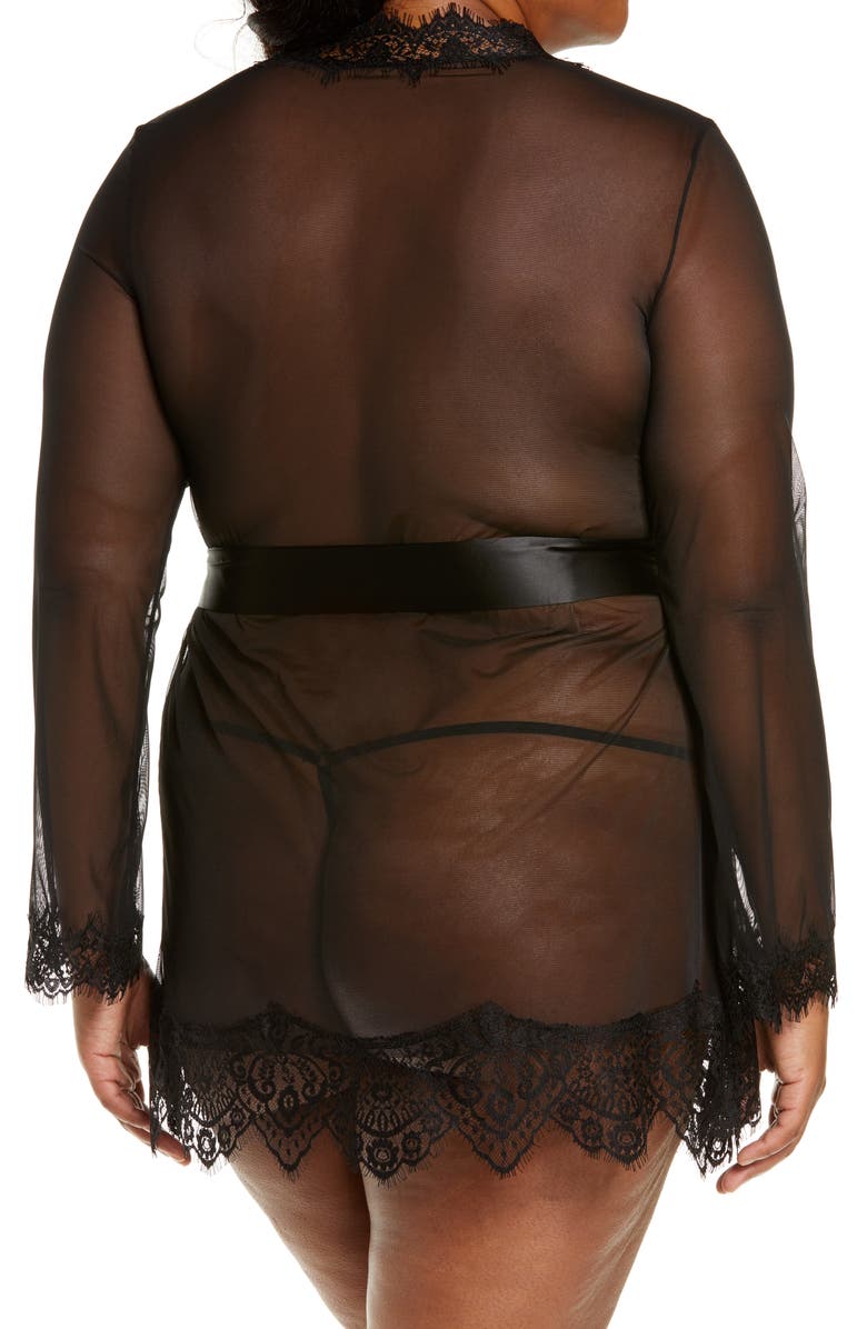 Oh La La Cheri Lace Trim Mesh Robe & G-String Set, Alternate, color, Black
