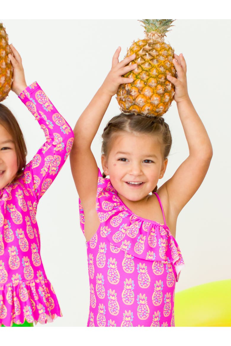 Girls UPF50+ Sun Protection One Shoulder Ruffle One Piece, Alternate, color, Neon Violet Pineapples