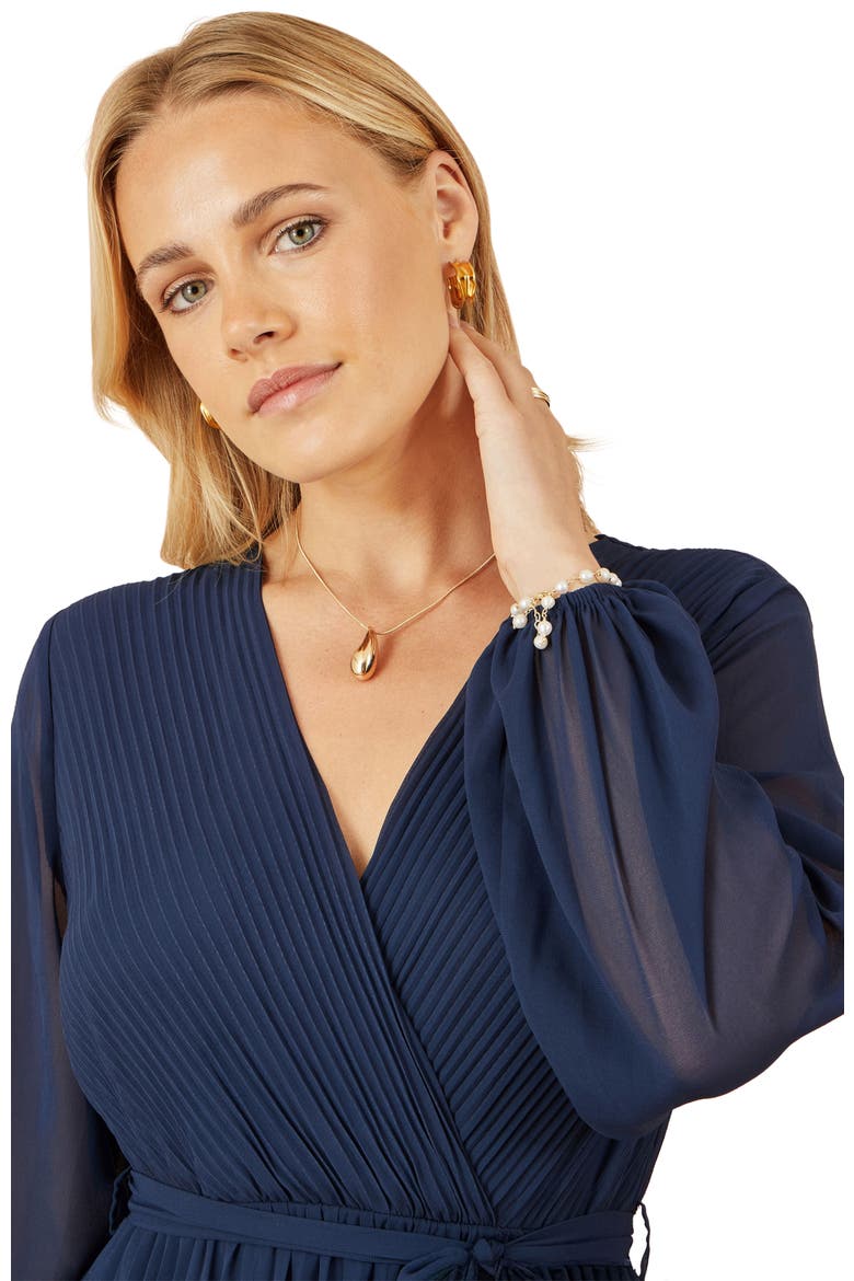 Long Sleeved Pleated Midi Wrap Dress, Alternate, color, Navy