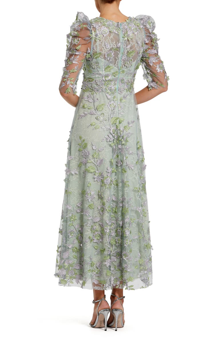 Mac Duggal Applique High Neck 3/4 Puff Sleeve A Line Dress, Alternate, color, Sage