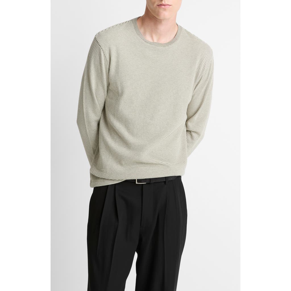 Vince Striped Double Knit Long Sleeved Crewneck Tee In Gray