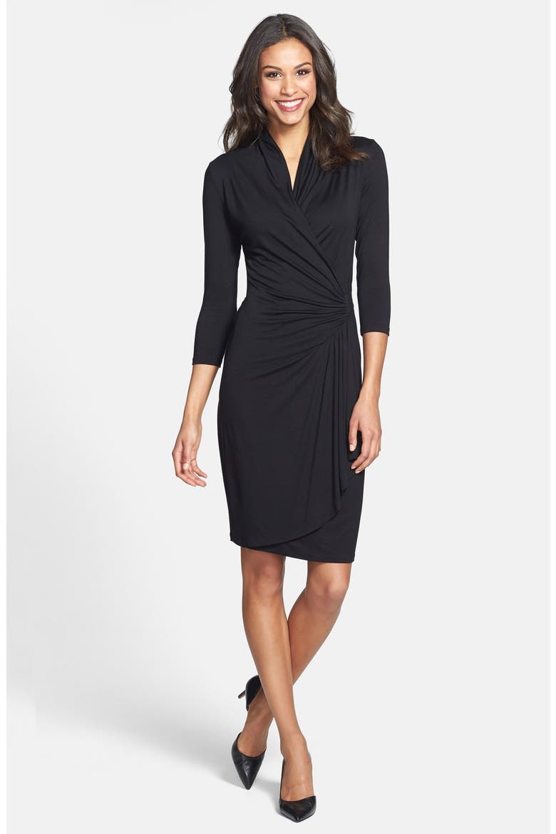 Cascade Faux Wrap Stretch Knit Dress, Main, color, BLACK