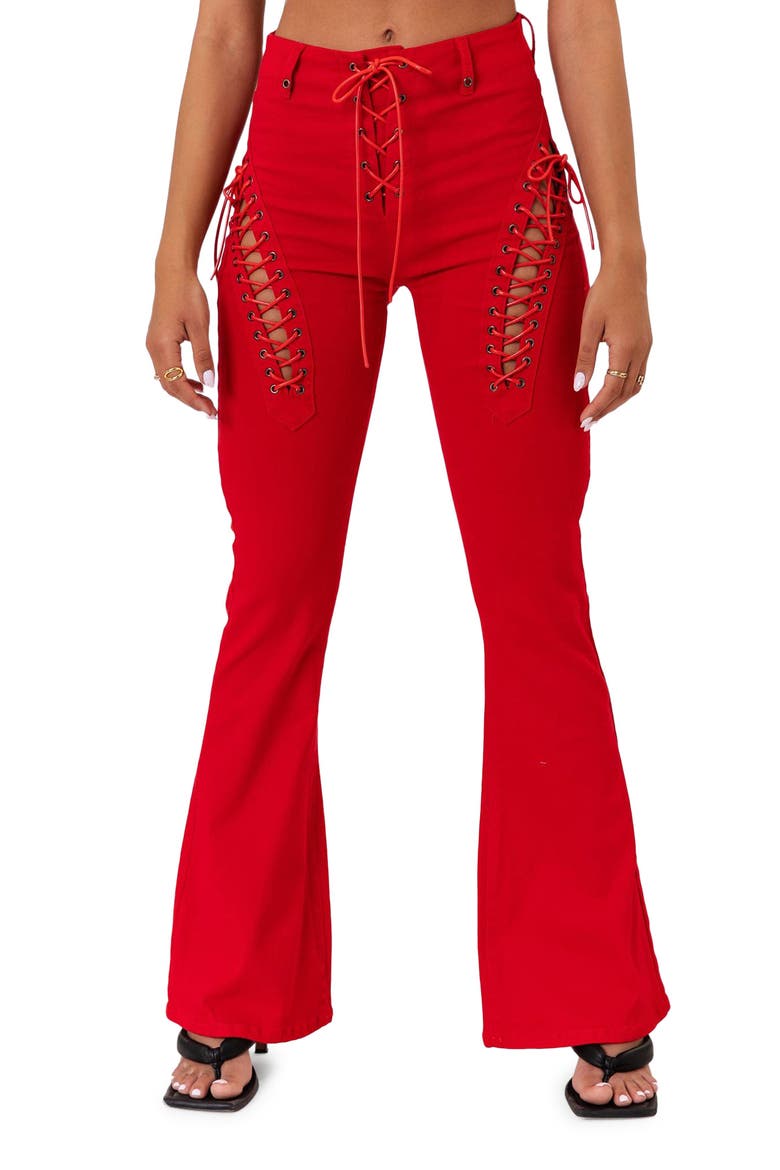 Engine Red Lace-Up High Waist Flare Jeans, Main, color, RED