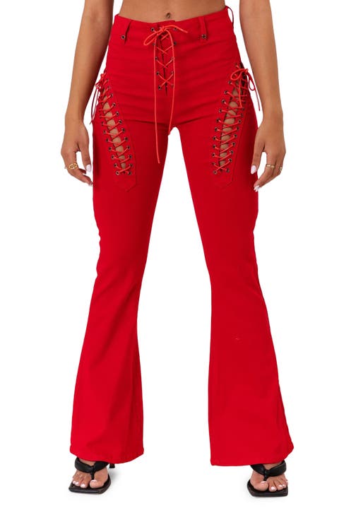 Engine Red Lace-Up High Waist Flare Jeans