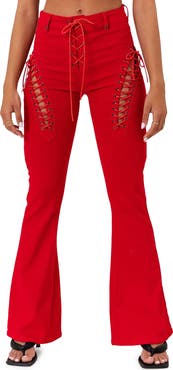 EDIKTED Engine Red Lace-Up High Waist Flare Jeans