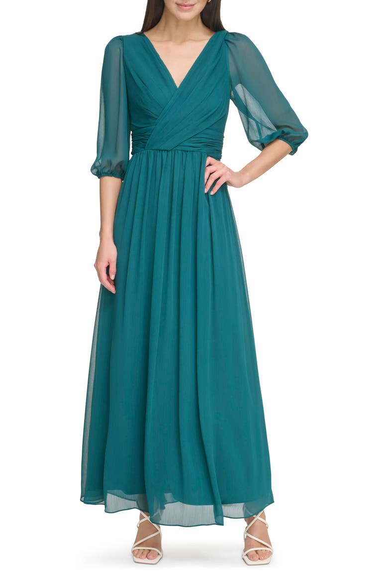Ruched Balloon Sleeve A-Line Dress, Main, color, FOREST GREEN