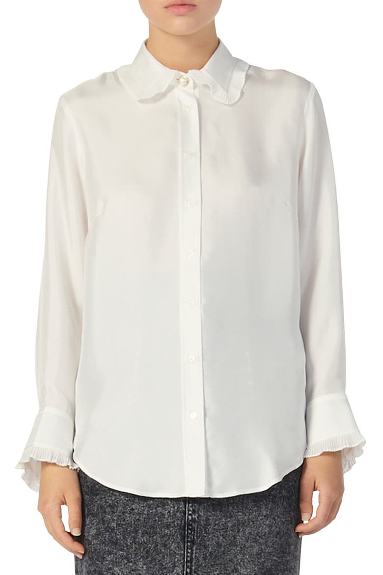 Taina Ruffle Trim Long Sleeve Silk Blouse, Main, color, ECRU