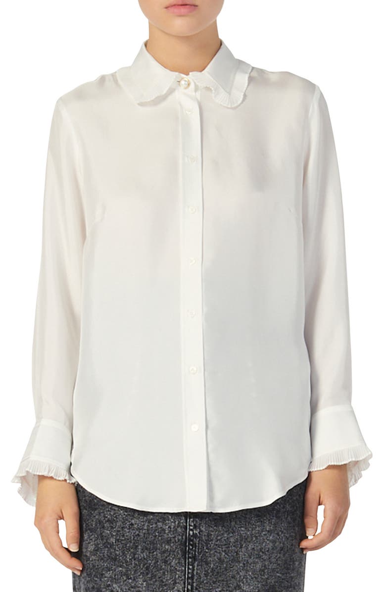 SANDRO Taina Ruffle Trim Long Sleeve Silk Blouse, Main, color, 