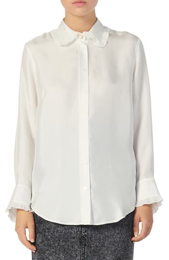Sandro Taina Ruffle Trim Long Sleeve Silk Blouse In Sand