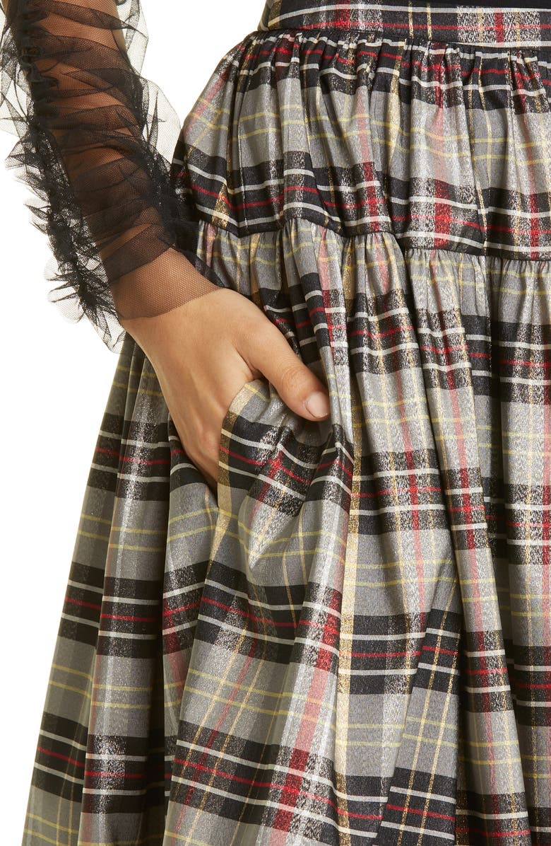 Molly Goddard Amy Metallic Tartan Gathered Midi Skirt, Alternate, color, 