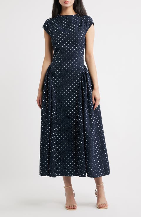 Polka Dot Drop Waist Fit & Flare Midi Dress