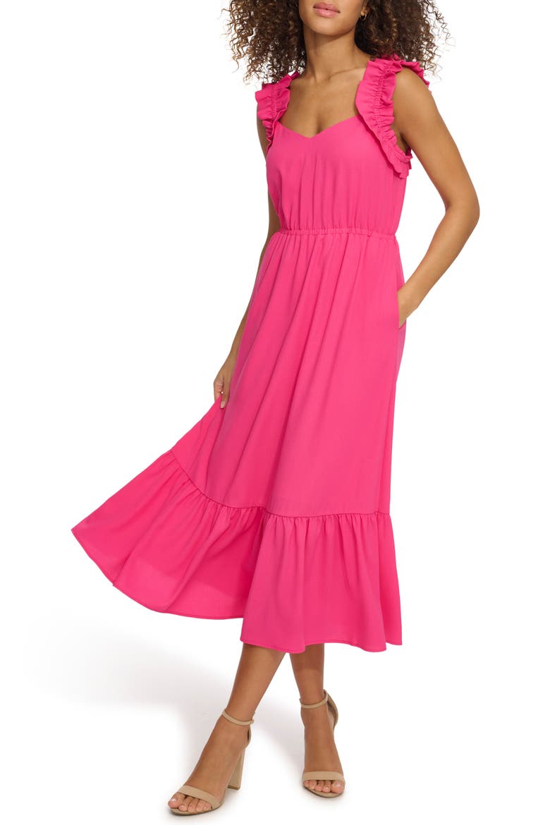 Ruffle Sleeveless Fit & Flare Midi Dress, Alternate, color, HOT PINK