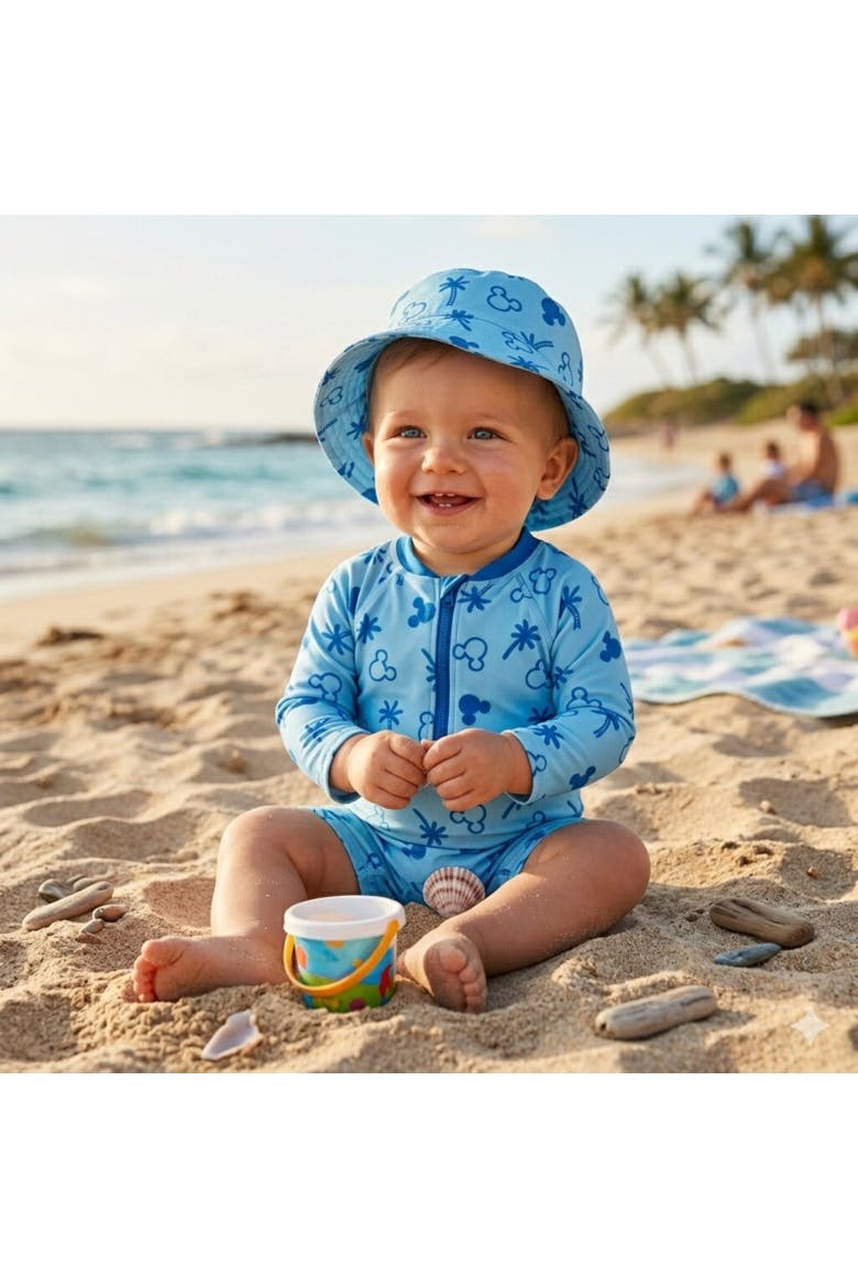 Mickey Mouse Baby Boys' Swimwear One Piece Sunsuit and Hat Set, Alternate, color, Light Blue Mickey