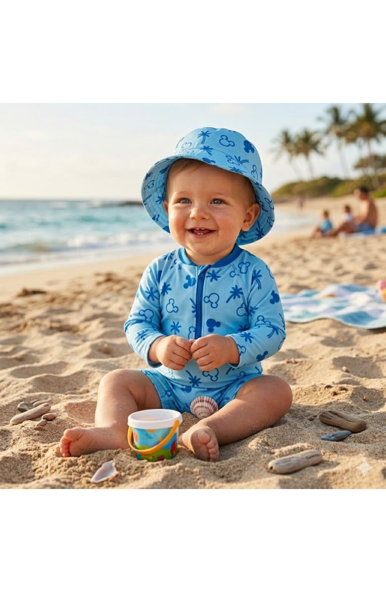 Disney Mickey Mouse Baby Boys' Swimwear One Piece Sunsuit and Hat Set, Alternate, color, Light Blue Mickey