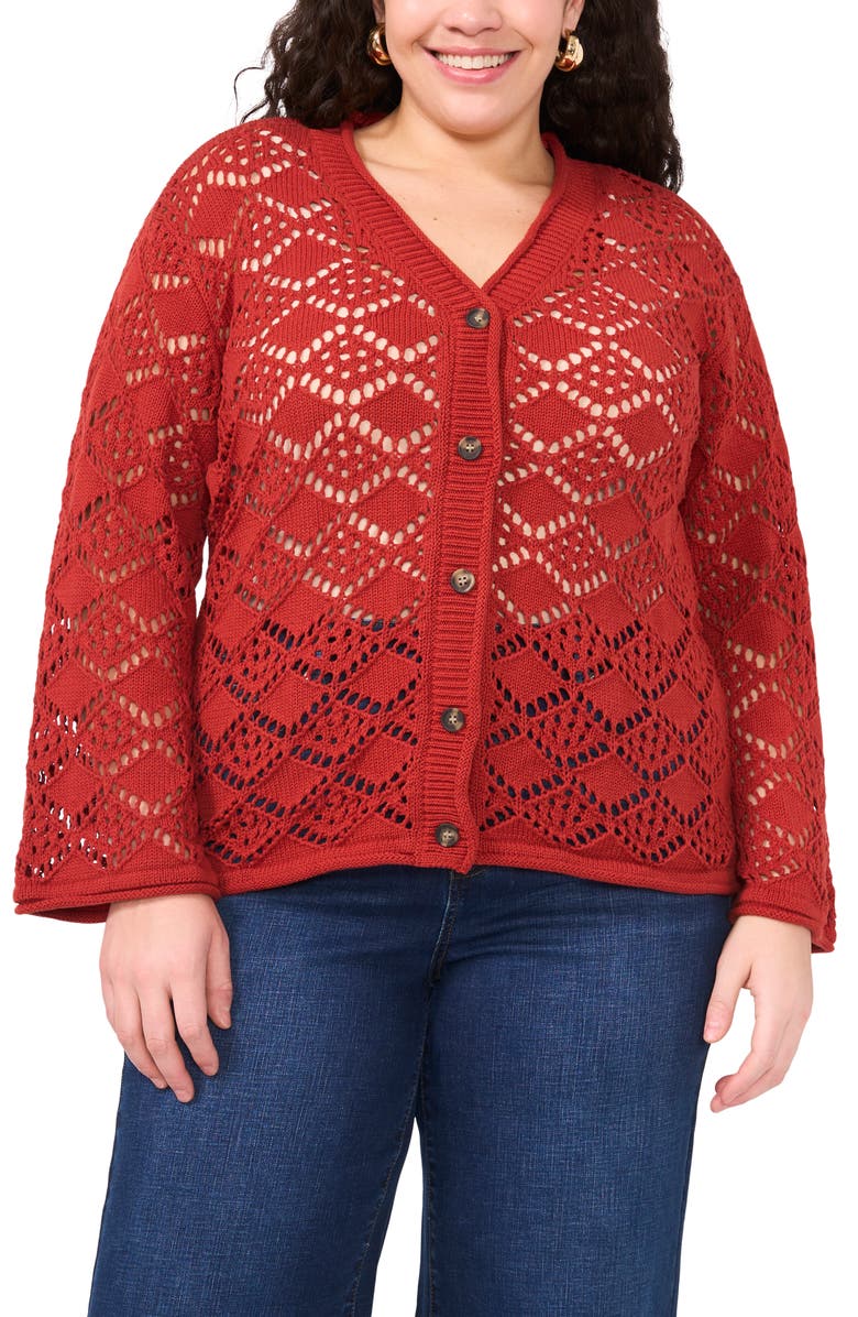 Vince Camuto Pointelle Cotton Cardigan, Main, color, Chili