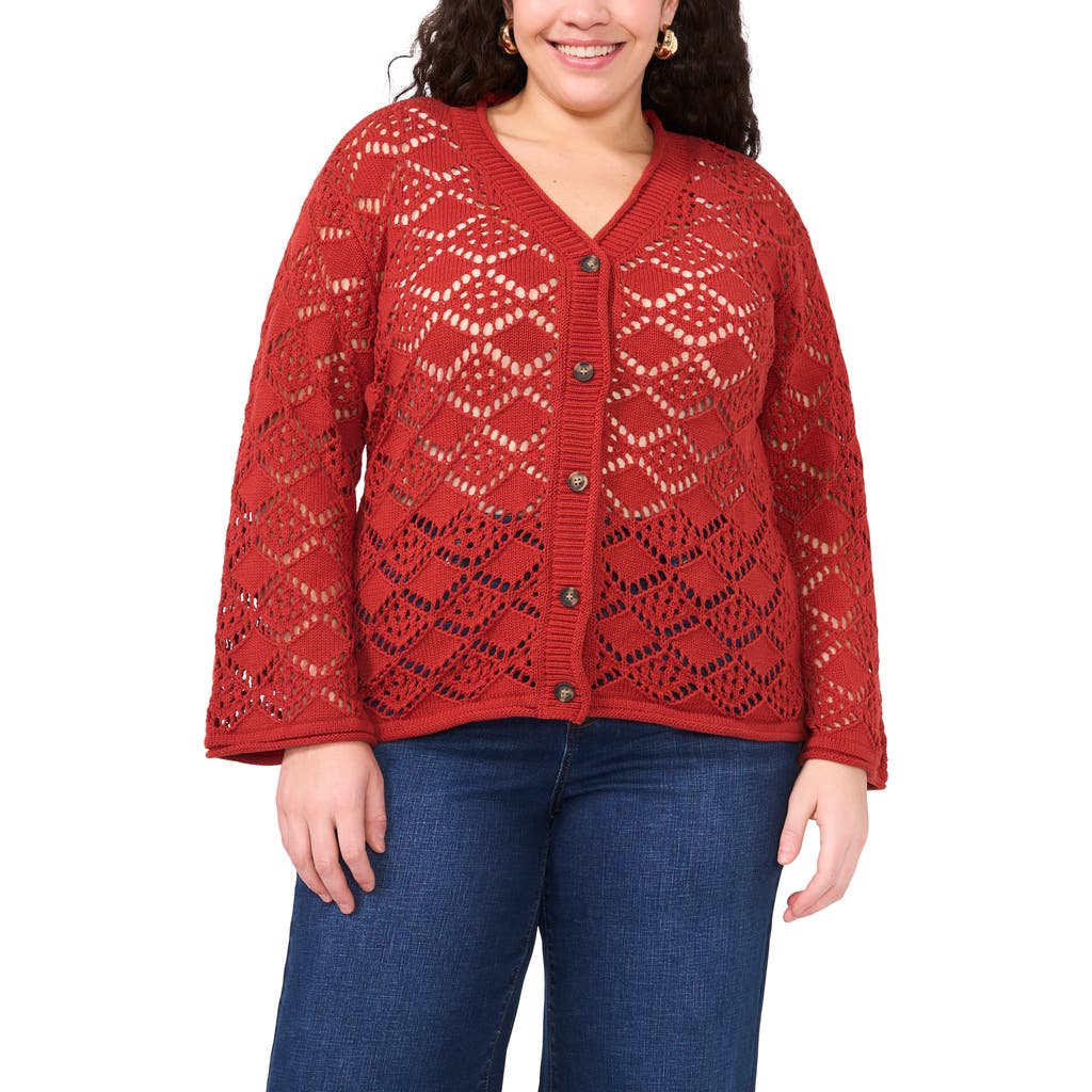 Vince Camuto Plus Size Pointelle Cotton Cardigan In Red