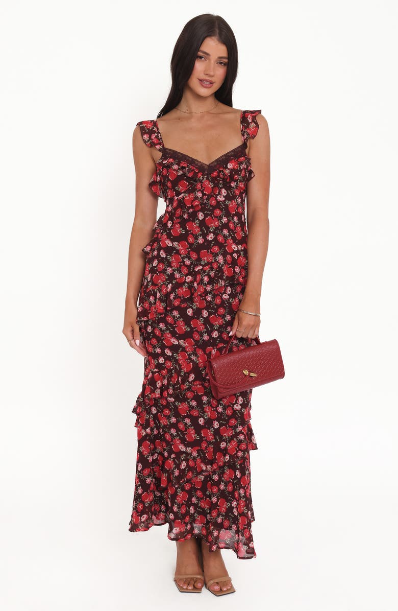 Petal & Pup Virginia Floral Ruffle Maxi Dress, Alternate, color, Brown Floral