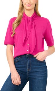 CeCe Tie Neck Short Sleeve Cardigan