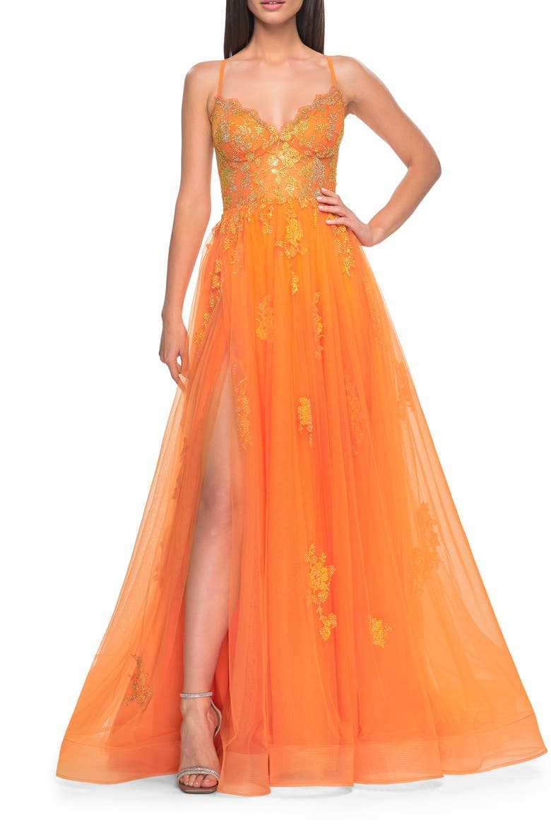 A-Line Tulle Gown with Scallop Detail Bodice and Lace Applique, Alternate, color, Orange