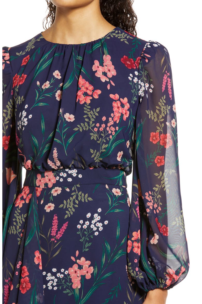 Floral Cascade Ruffle Long Sleeve Dress, Alternate, color, NAVY
