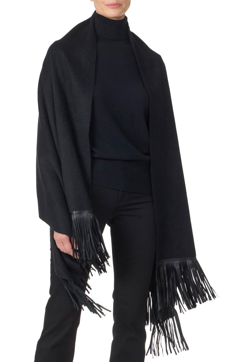 Sofia Cashmere Leather Fringe Cashmere Wrap, Main, color, Black