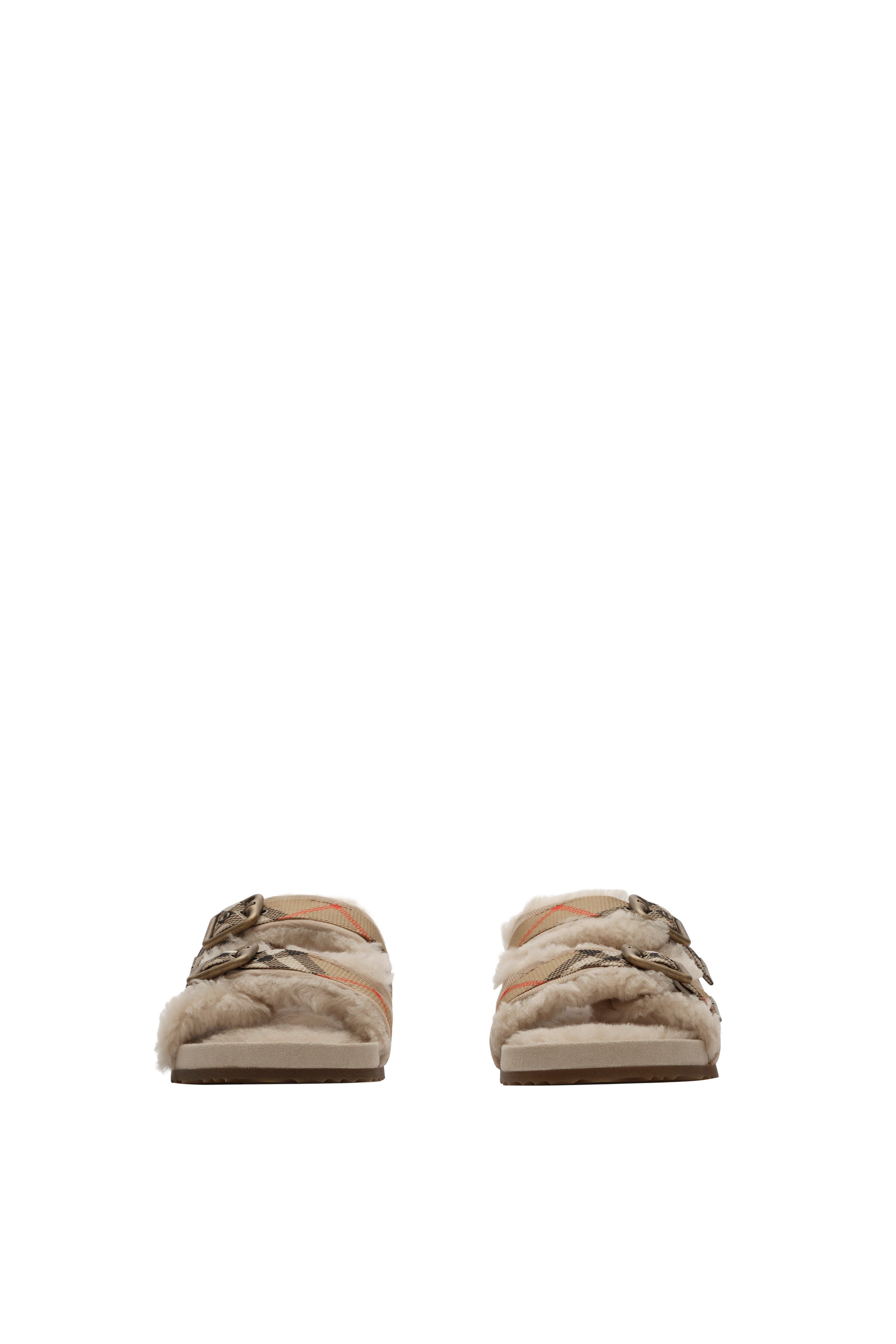 Burberry Check Shearling Urchin Sandals, Alternate, color, Blonde Beige