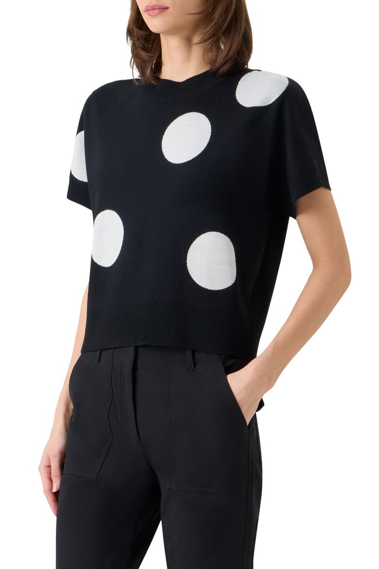 Relaxed Polka Dot Short Sleeve Virgin Merino Wool Sweater, Alternate, color, BLACK-CREAM