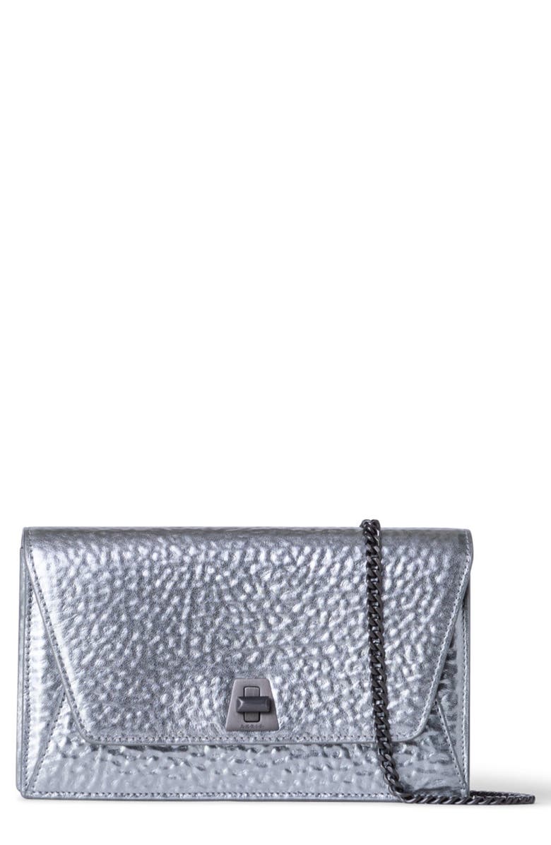 Akris Anouk Metallic Leather Envelope Wallet on a Chain, Main, color, 801 Inox