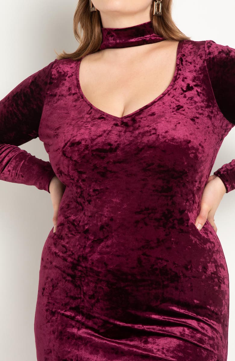 ELOQUII Cutout Neckline Long Sleeve Velvet Dress, Alternate, color, 