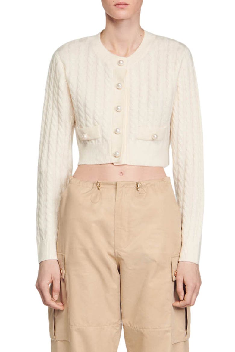 Elina Cable Stitch Wool Blend Crop Cardigan, Main, color, ECRU