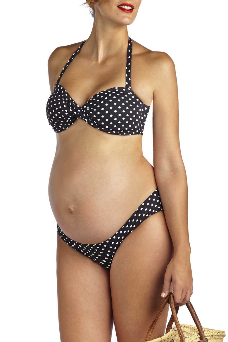 Polka Dot Print Twisted Bandeau Maternity Bikini, Main, color, BLACK