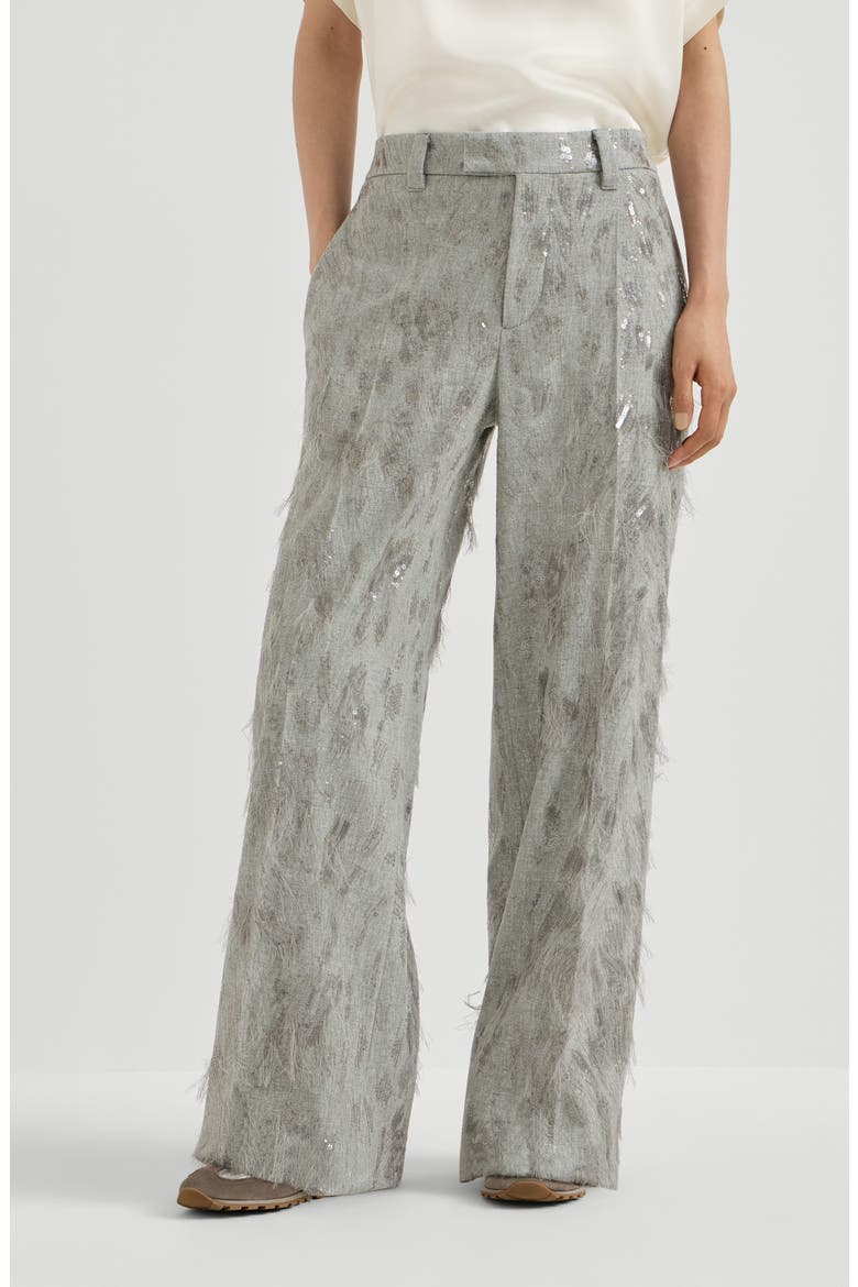 Virgin wool and cashmere twill flannel loose flared trousers with dazzling lynx embroidery, Main, color, Grey