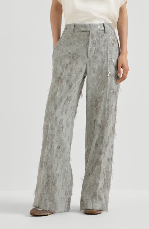 Virgin wool and cashmere twill flannel loose flared trousers with dazzling lynx embroidery