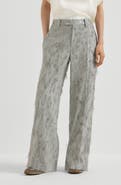 Brunello Cucinelli Virgin wool and cashmere twill flannel loose flared trousers with dazzling lynx embroidery