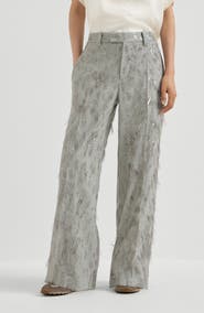 Brunello Cucinelli Virgin wool and cashmere twill flannel loose flared trousers with dazzling lynx embroidery