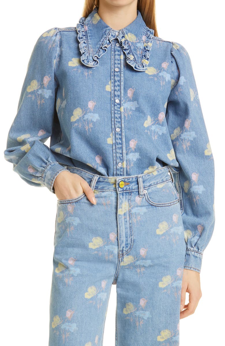 Ganni Print Indigo Frill Collar Organic Cotton Denim Shirt, Main, color, 