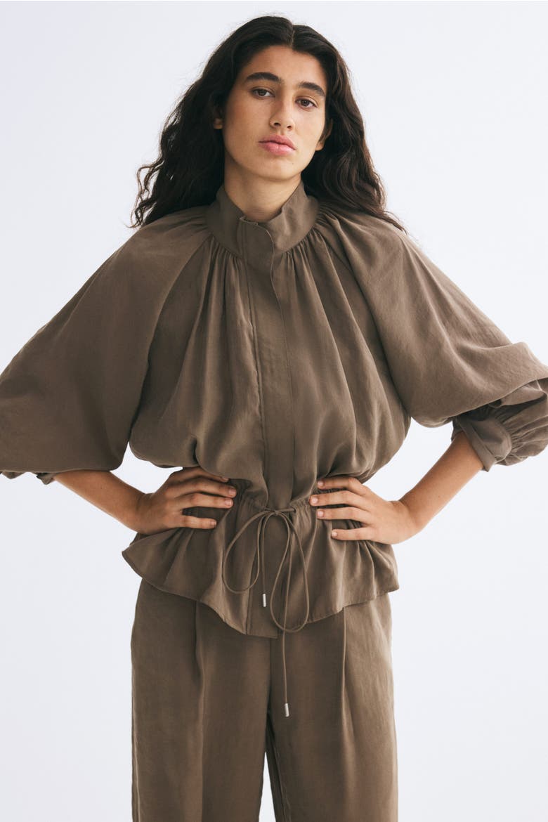 Balloon-sleeved Drawstring-detail Jacket, Main, color, Taupe