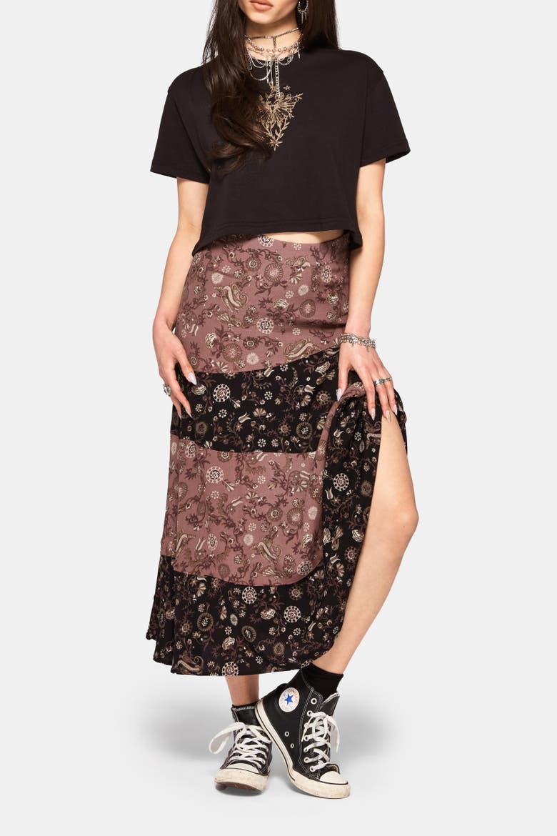 Sylra Ditsy Folk Spliced Midi Skirt, Alternate, color, Black