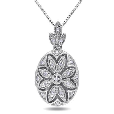 Diamond Floral Locket Necklace Sterling Silver
