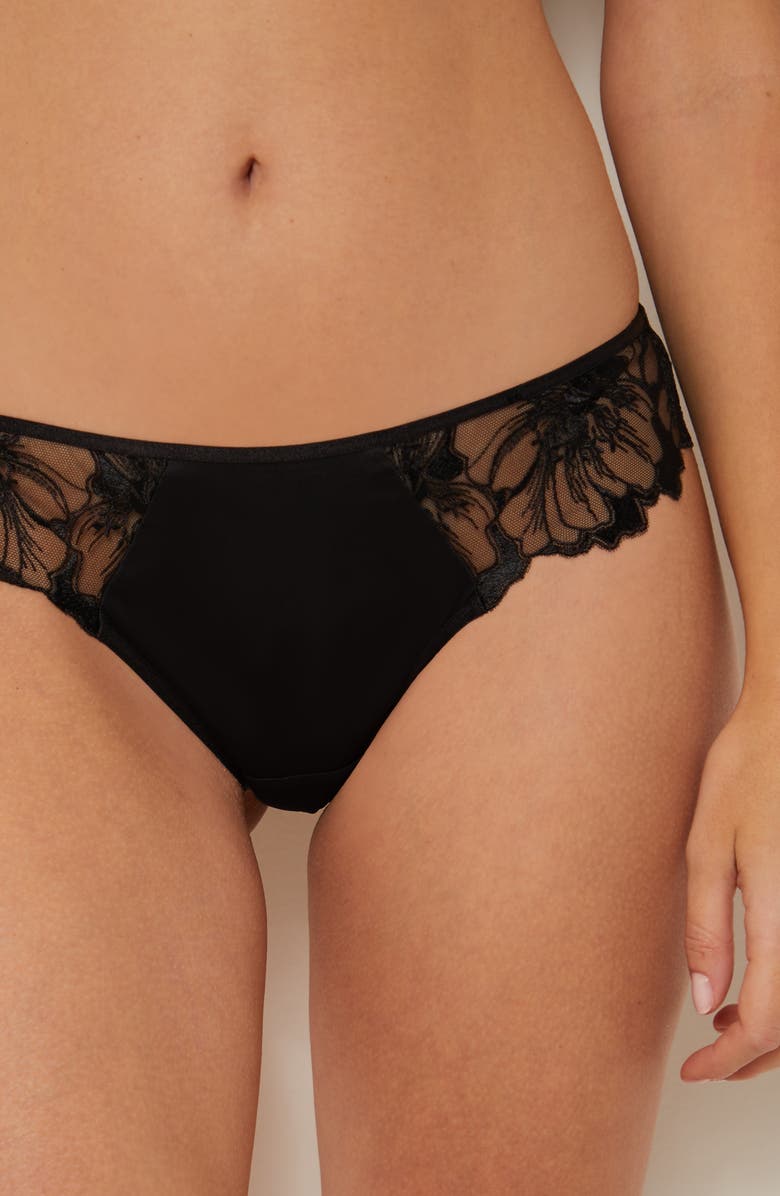 Etam Amaryllis Lace & Satin Hipster Panties, Alternate, color, Black