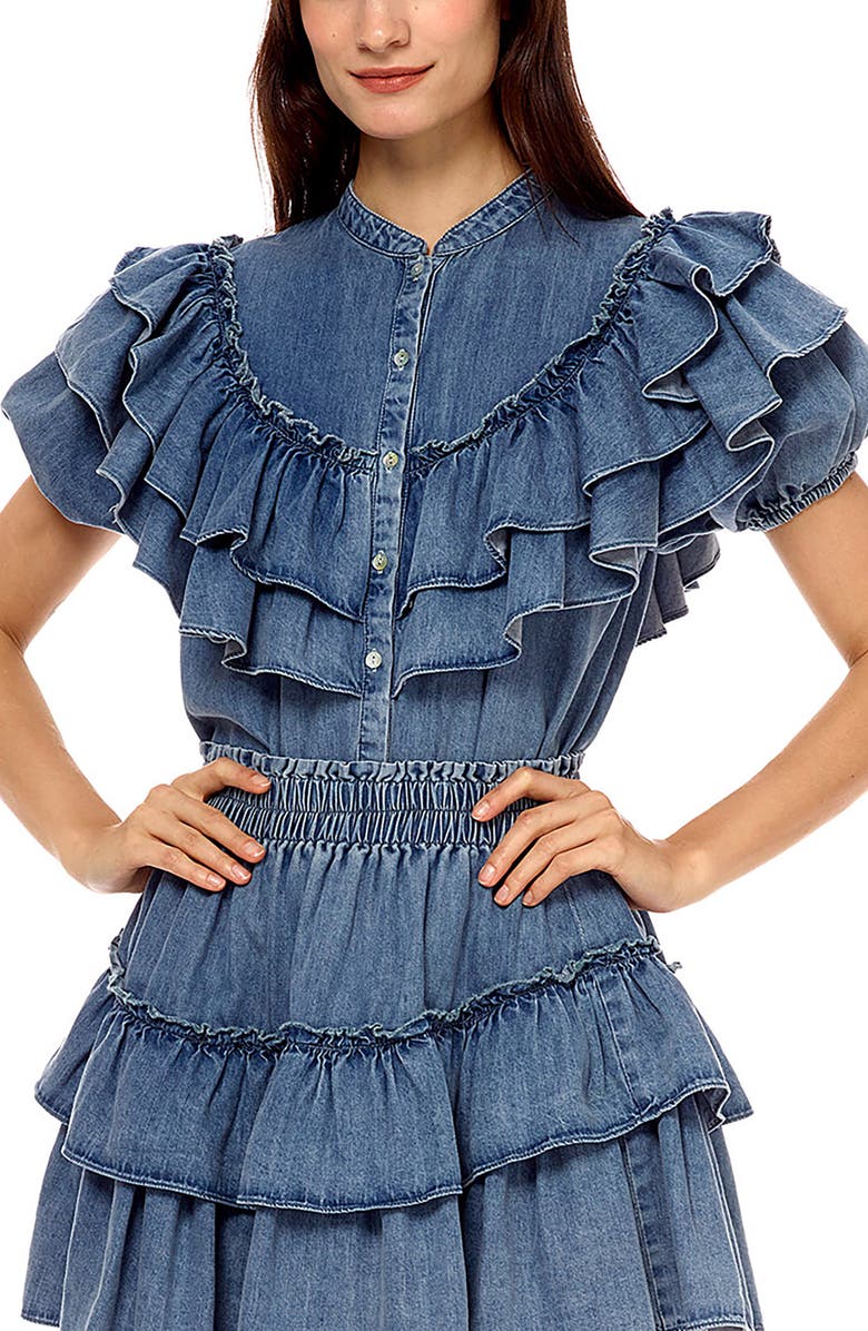 STELLAH Ruffle Washed Denim Top, Main, color,