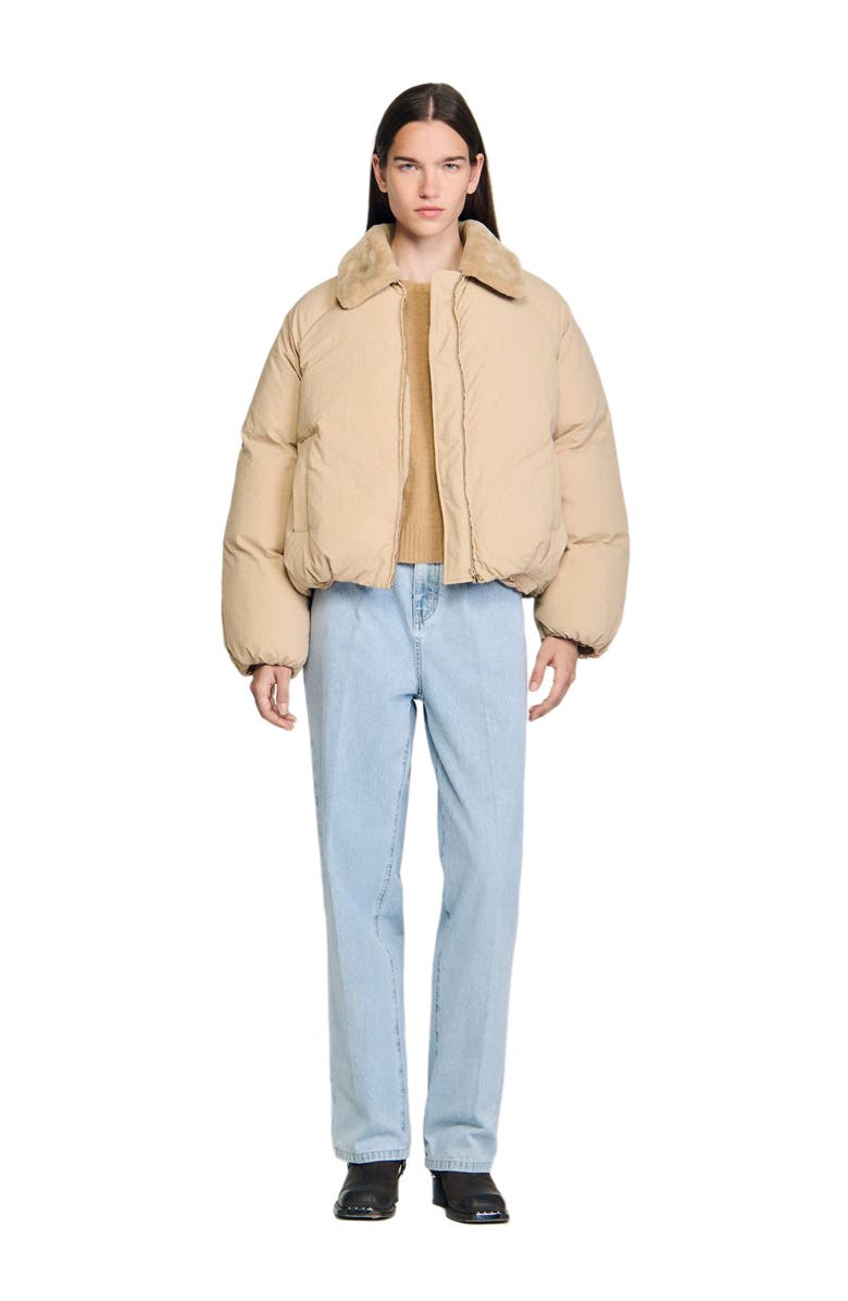 SANDRO Puffer jacket with faux shearling collar, Alternate, color, Beige