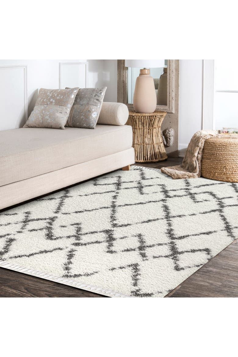 Mercer Shag Plush Tassel Moroccan  Geometric Trellis Area Rug, Alternate, color, Ivory/Gray