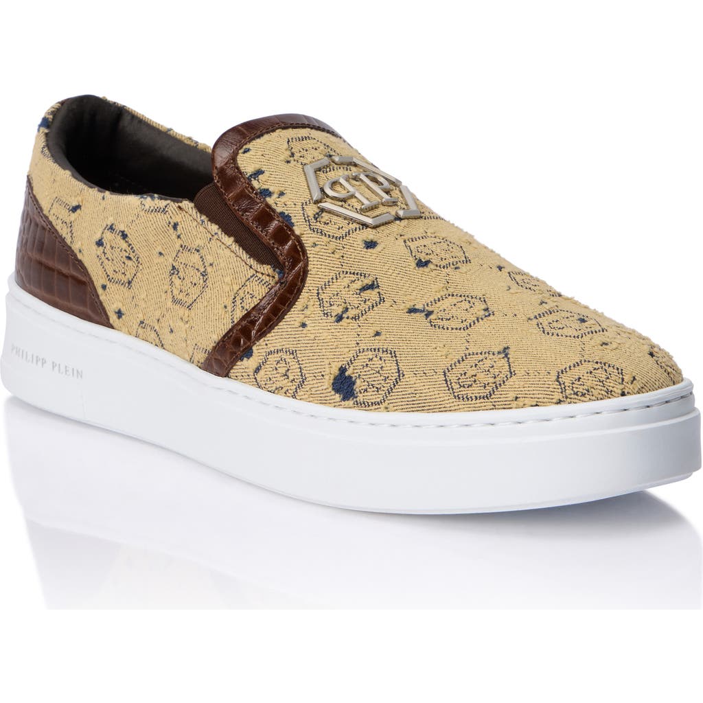 Philipp Plein Slip On Sneakers Denim Jacquard Monogram Unisex In Brown