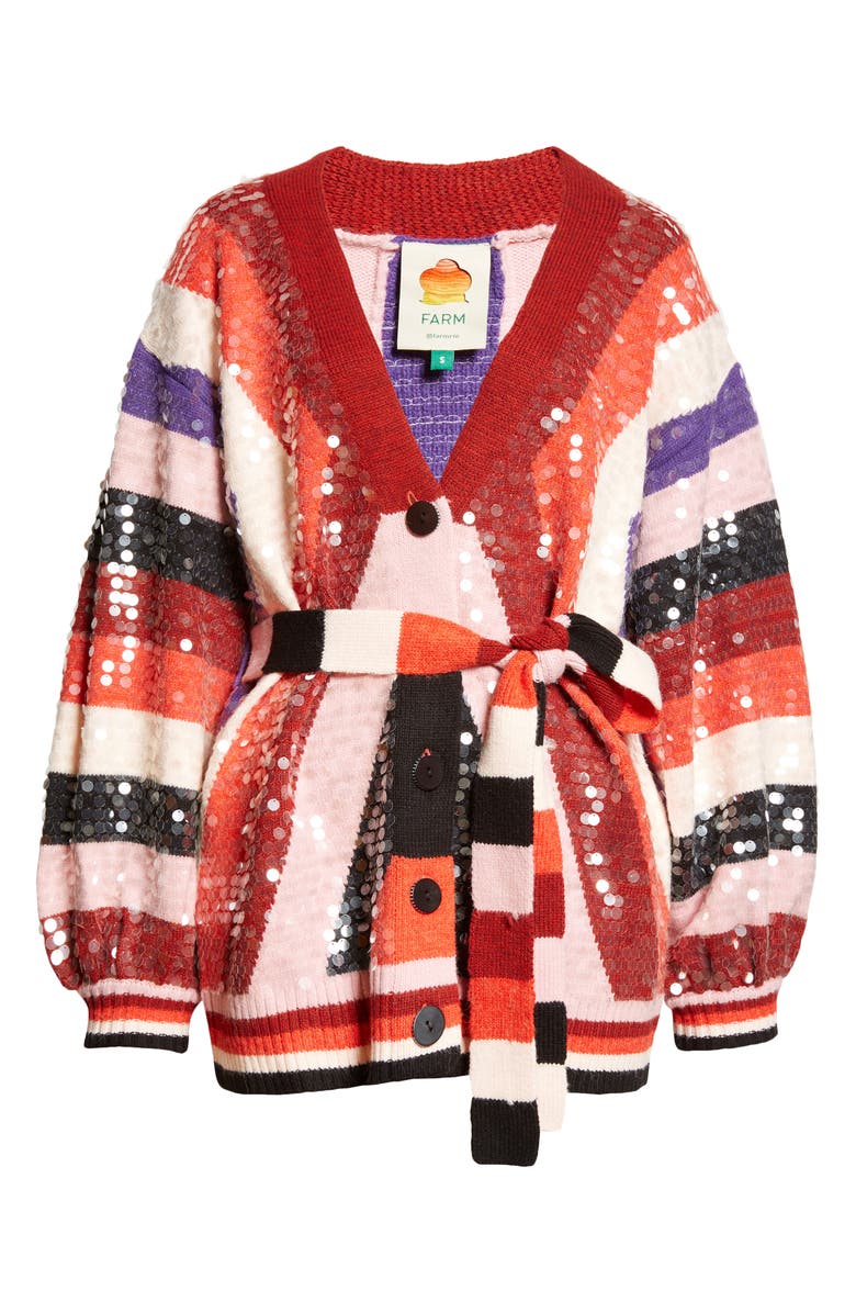 FARM Rio Colorful Stripes Sequin Belted Cardigan, Alternate, color,