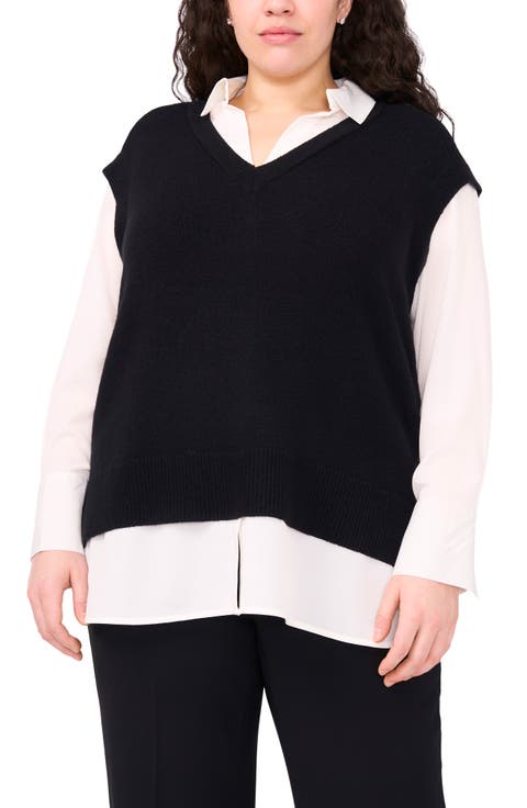 Layered Look Sweater Vest (Plus)