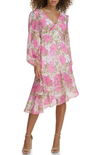 Siena Floral Long Sleeve Asymmetric Dress In Pink