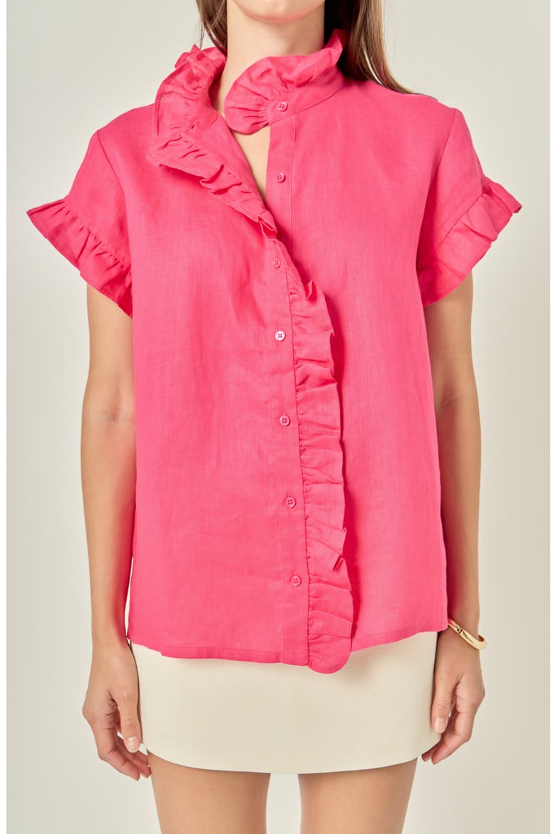 Ruffle Trim Linen Button-Up Shirt, Alternate, color, FUCHSIA