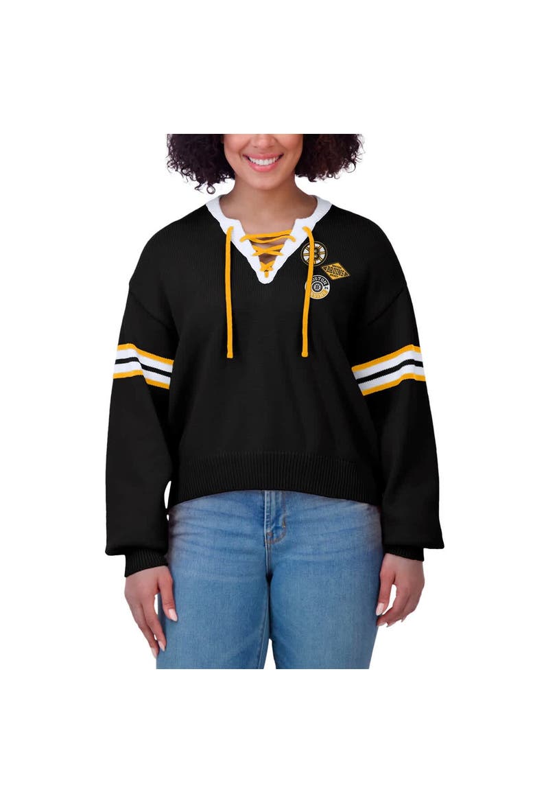 Women's WEAR by Erin Andrews  Black Boston Bruins Cropped Lace-Up Sweater, Alternate, color, Black