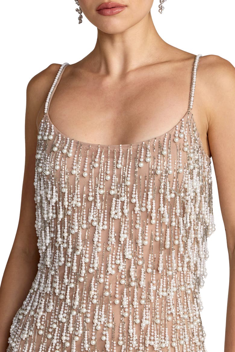 Beaded Fringe Mini Dress with Spaghetti Straps, Alternate, color, Ivory Nude